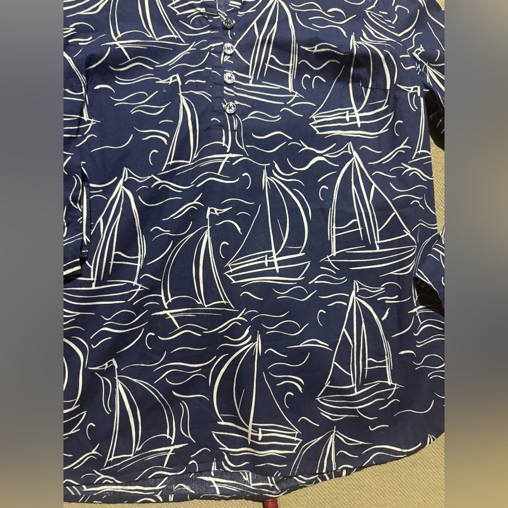 Talbots Navy Sailboat Print Button Down Shirt - Picture 2 of 7